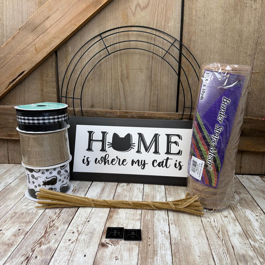 Cat Themed Thin Wreath Kit, Home Is Where My Cat Is, Farmhouse DIY Storm Door Wreath Kit, Cat Mom or Dad Gift, Kitty Decoration, Cat Decor