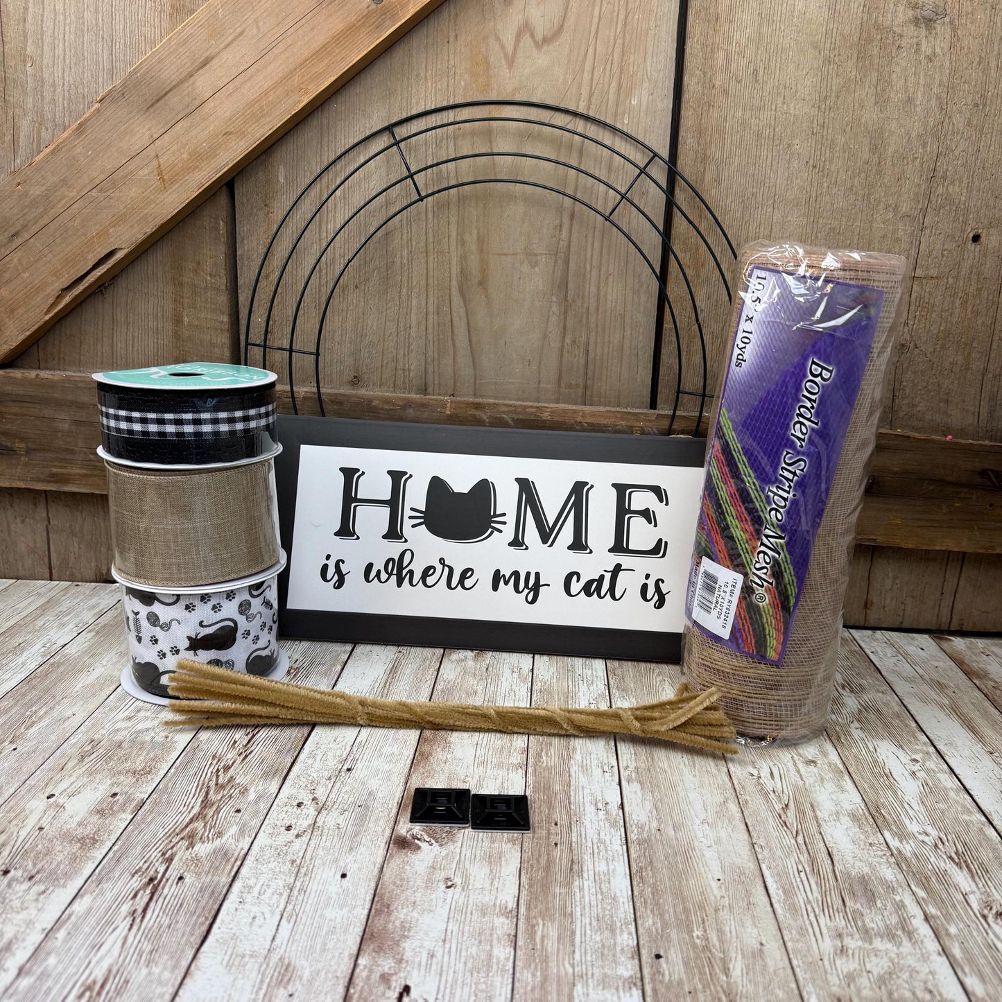 Cat Themed Thin Wreath Kit, Home Is Where My Cat Is, Farmhouse DIY Storm Door Wreath Kit, Cat Mom or Dad Gift, Kitty Decoration, Cat Decor