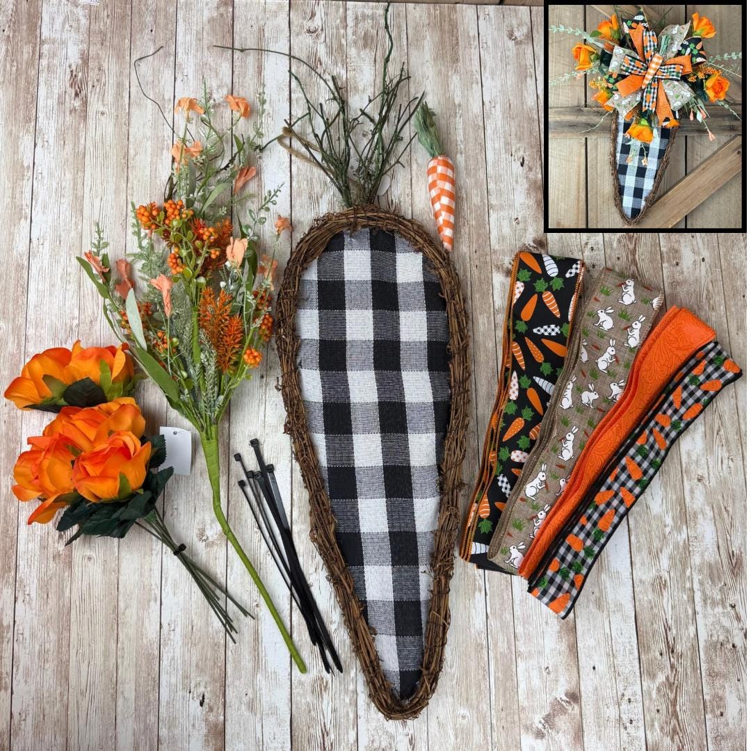Carrot Grapevine Kit WITH VIDEO, Easter Door Hanger Kit, Easter DIY Wall Decoration, Black White Checkered Carrot Shaped Grapevine Bundle