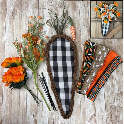 Carrot Grapevine Kit WITH VIDEO, Easter Door Hanger Kit, Easter DIY Wall Decoration, Black White Checkered Carrot Shaped Grapevine Bundle