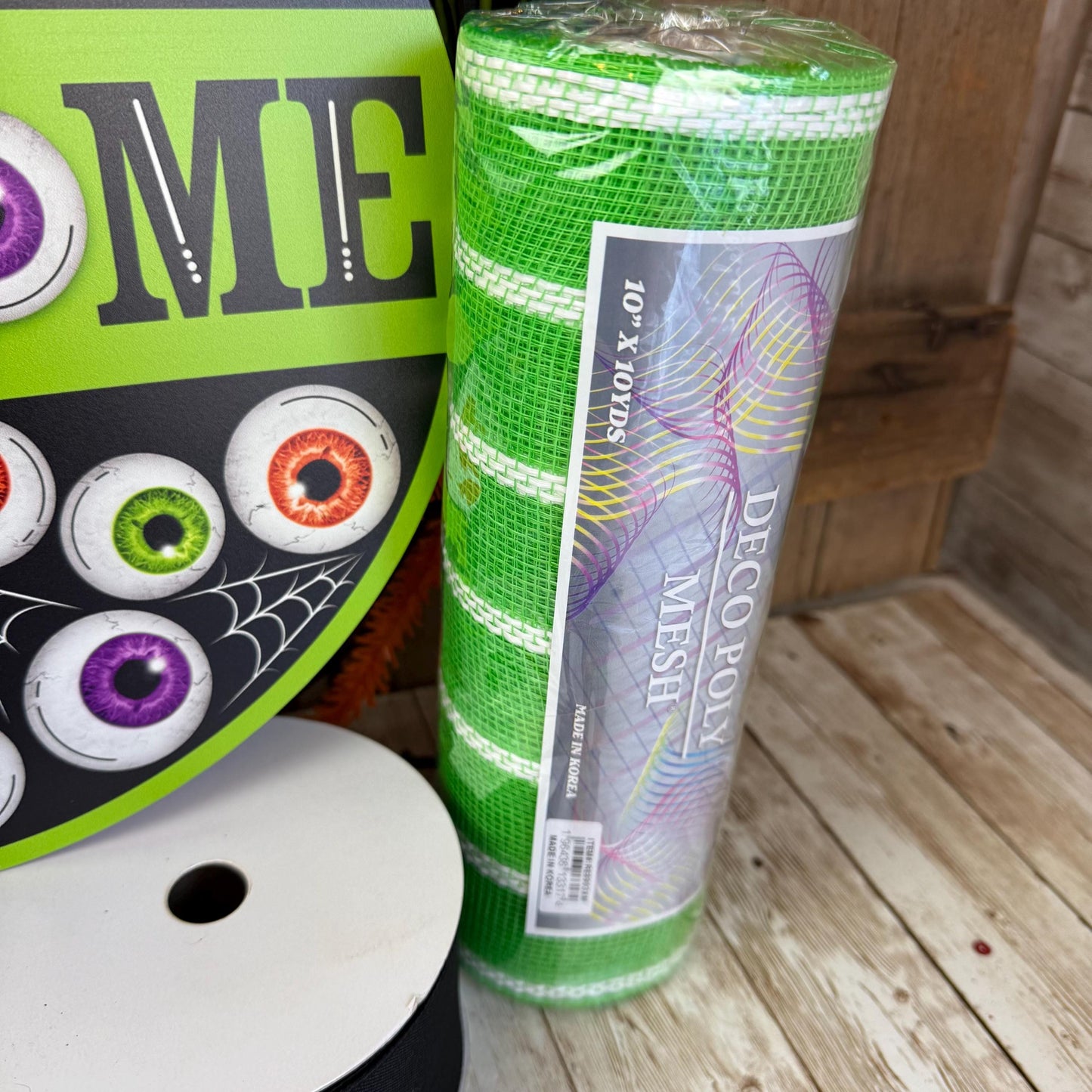 Welcome Eyeballs Halloween Wreath Kit, Large Halloween Wreath Kit, DIY Halloween Wreath Kit, Green Black Halloween Ribbon Mesh Sign Bundle