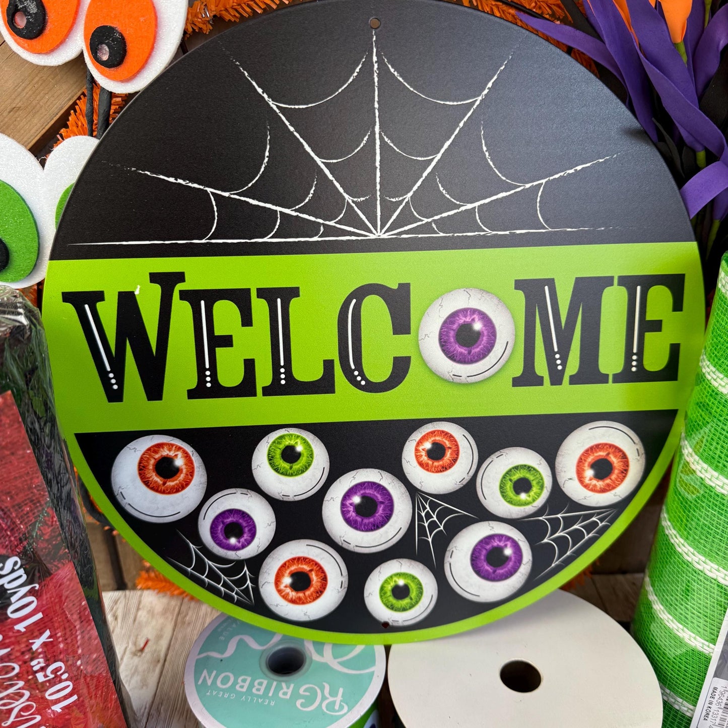 Welcome Eyeballs Halloween Wreath Kit, Large Halloween Wreath Kit, DIY Halloween Wreath Kit, Green Black Halloween Ribbon Mesh Sign Bundle