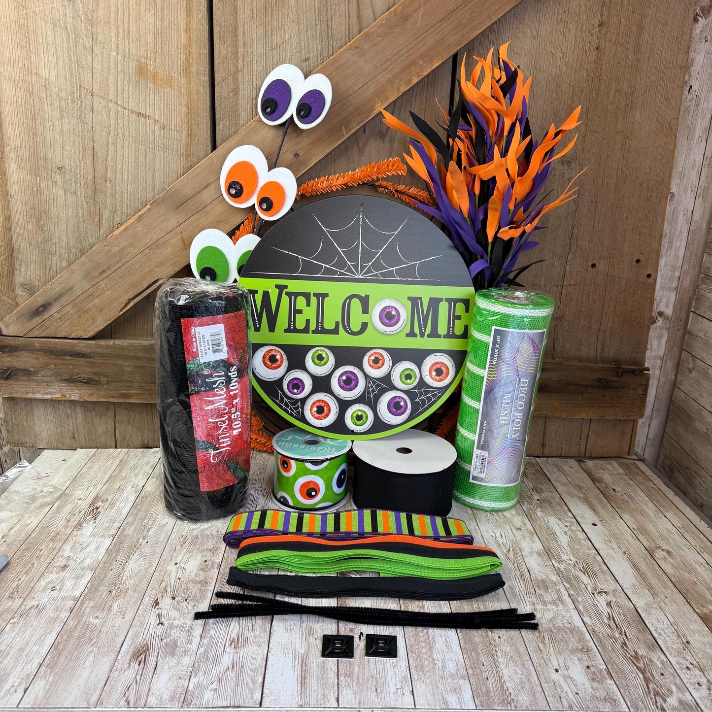 Welcome Eyeballs Halloween Wreath Kit, Large Halloween Wreath Kit, DIY Halloween Wreath Kit, Green Black Halloween Ribbon Mesh Sign Bundle