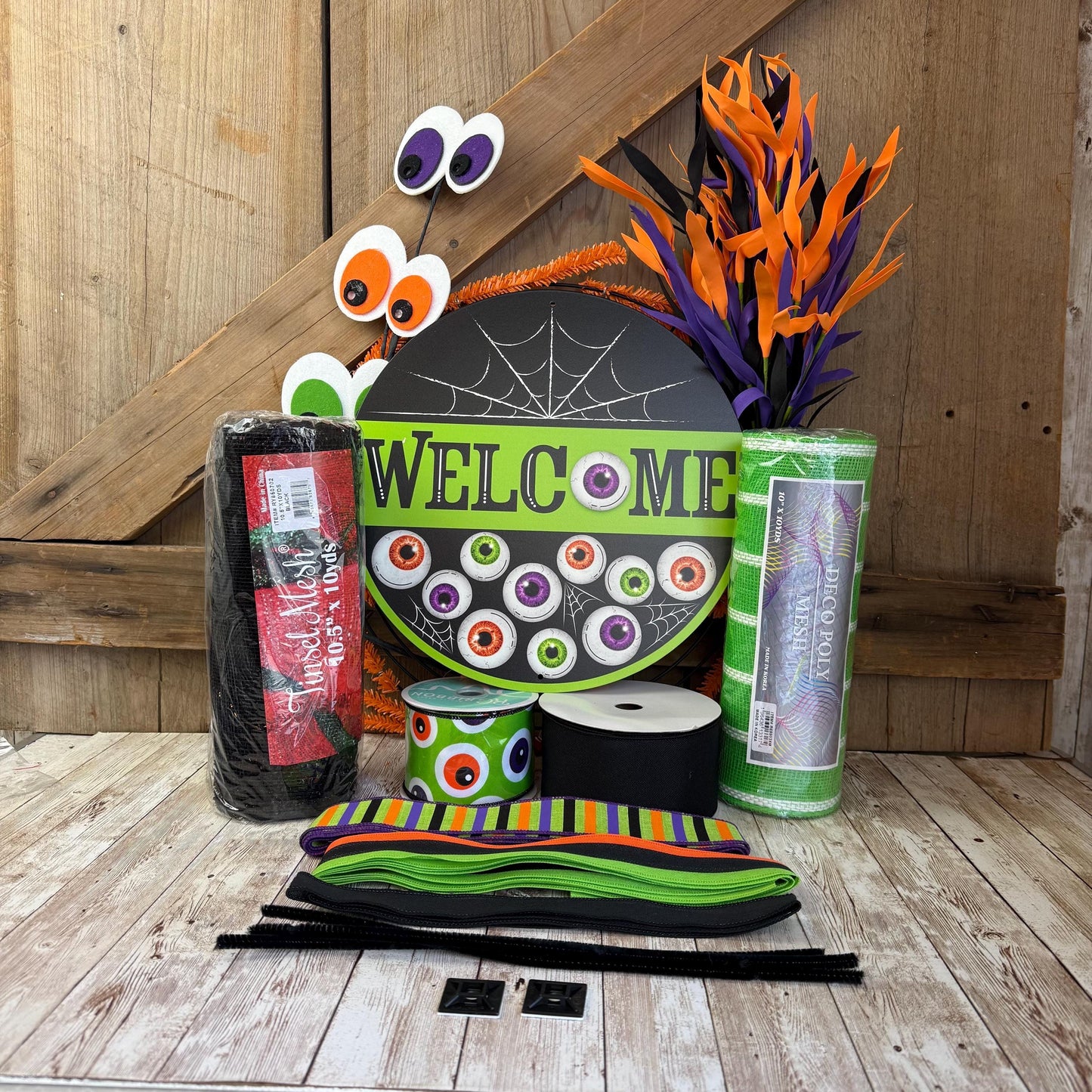 Welcome Eyeballs Halloween Wreath Kit, Large Halloween Wreath Kit, DIY Halloween Wreath Kit, Green Black Halloween Ribbon Mesh Sign Bundle