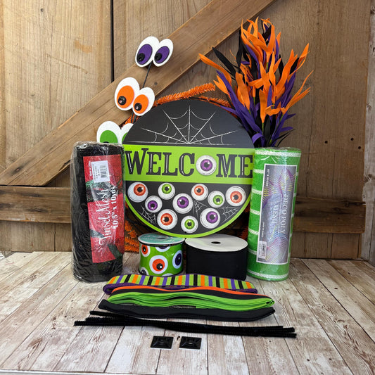 Welcome Eyeballs Halloween Wreath Kit, Large Halloween Wreath Kit, DIY Halloween Wreath Kit, Green Black Halloween Ribbon Mesh Sign Bundle