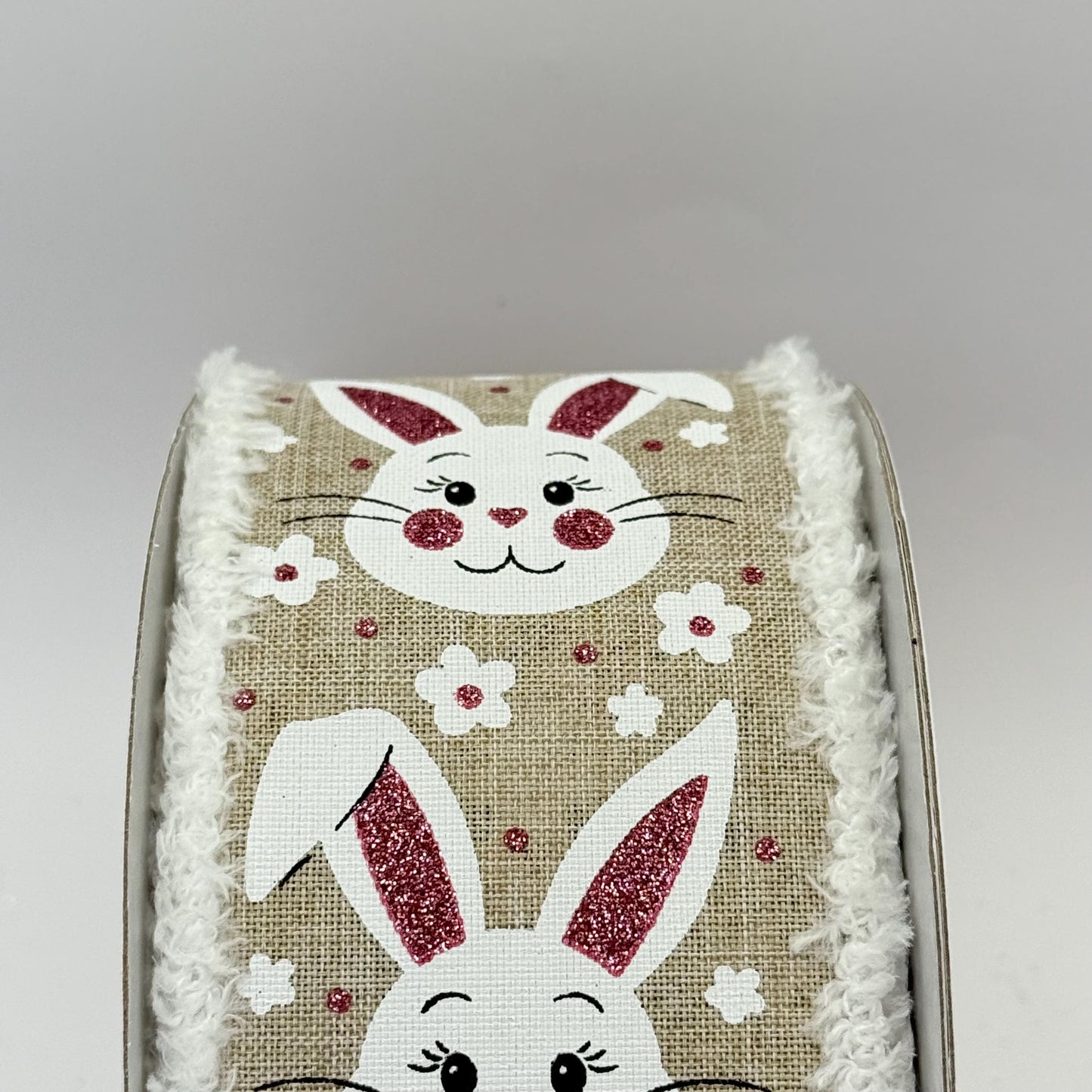 Easter Bunny Wired Ribbon: 2.5" x 10yd, Easter Wreath Supply, Natural Beige Easter Ribbon, White Bunny Face with Pink Ears Bowmaking Ribbon