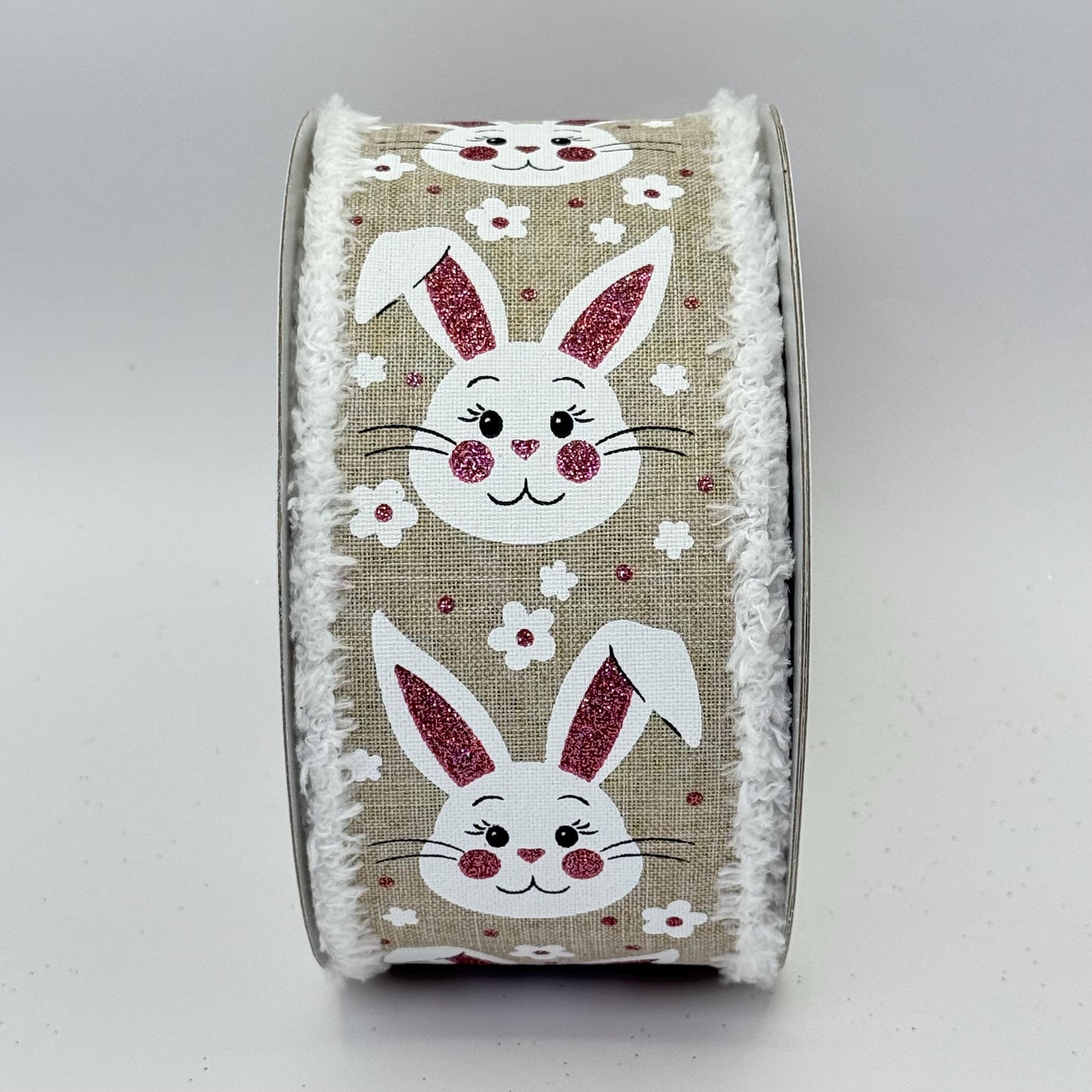 Easter Bunny Wired Ribbon: 2.5" x 10yd, Easter Wreath Supply, Natural Beige Easter Ribbon, White Bunny Face with Pink Ears Bowmaking Ribbon