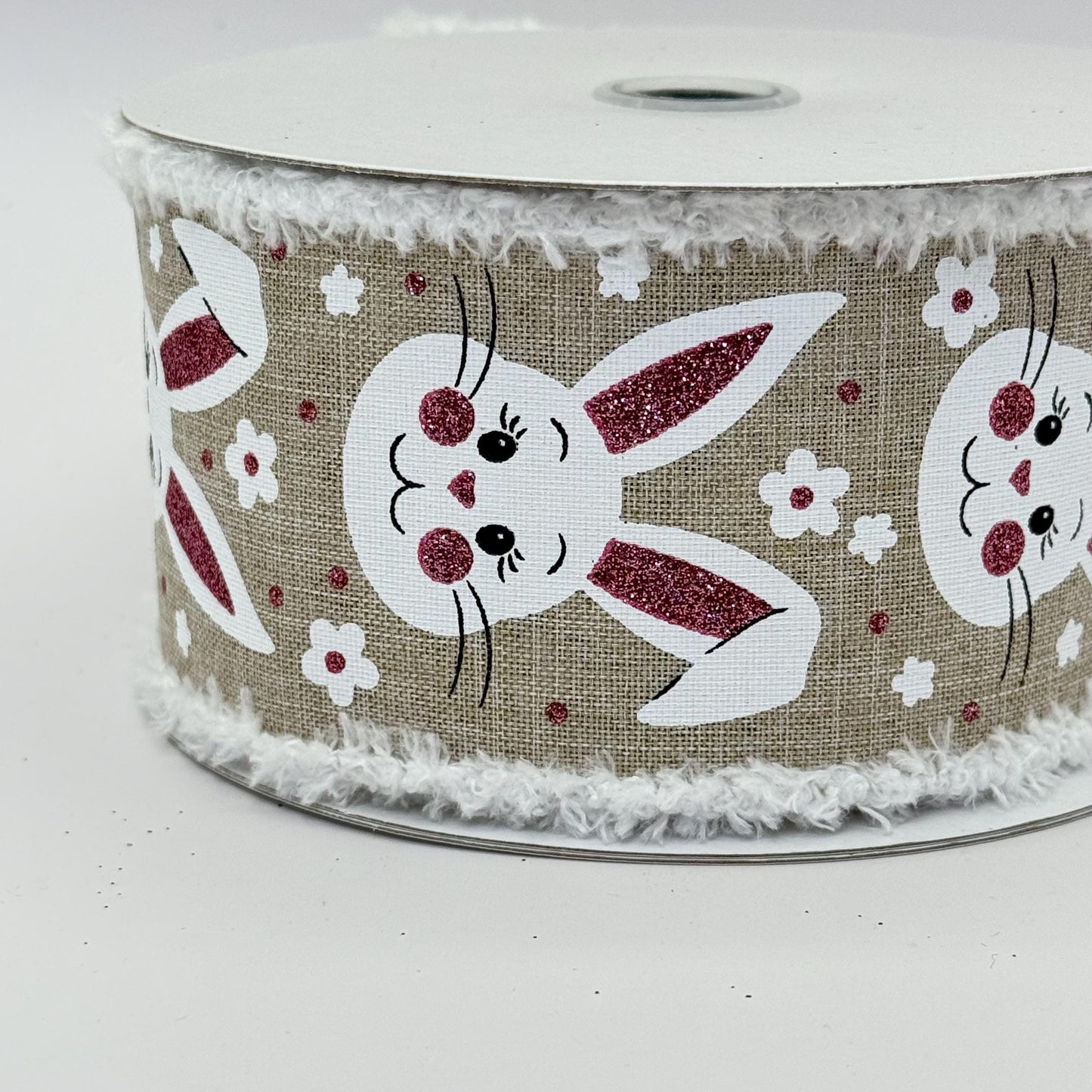 Easter Bunny Wired Ribbon: 2.5" x 10yd, Easter Wreath Supply, Natural Beige Easter Ribbon, White Bunny Face with Pink Ears Bowmaking Ribbon