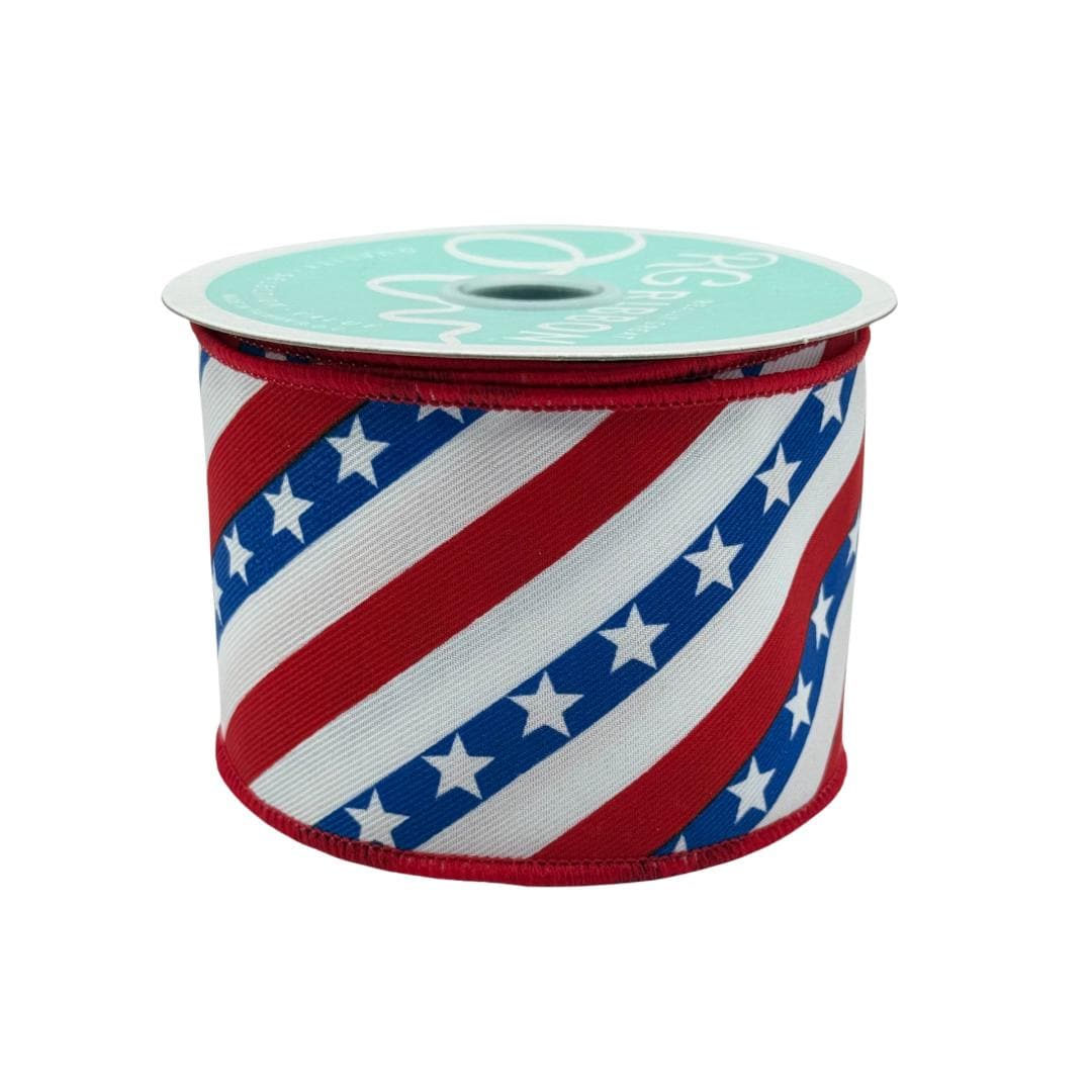 Red White and Blue Diagonal Stripe Wired Ribbon, Stars & Stripes Fourth of July Wreath Supply, Patriotic Ribbon 2.5” by 10 yards, RGE105727