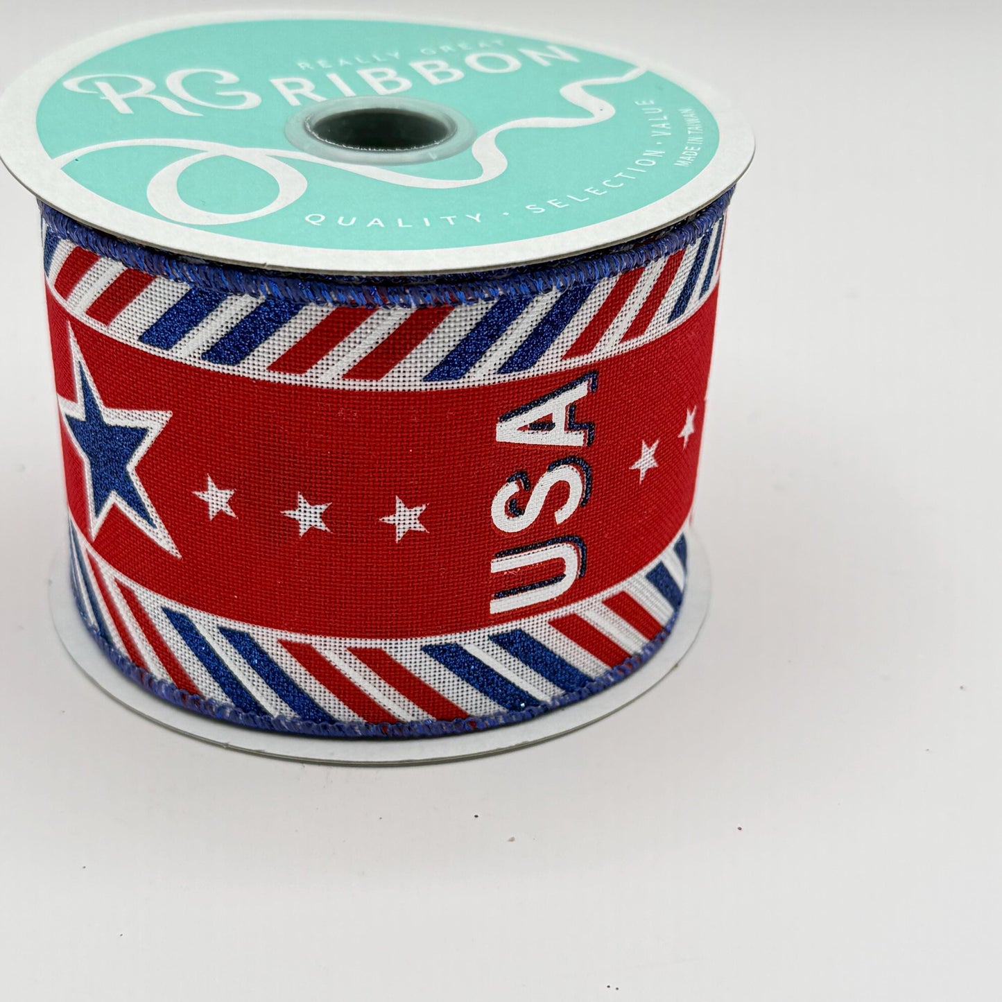 Red White and Blue USA on Diagonal Stripes Wired Ribbon, Fourth of July Wreath Supply, Patriotic Royal Ribbon 2.5” by 10 yards, RGE163127
