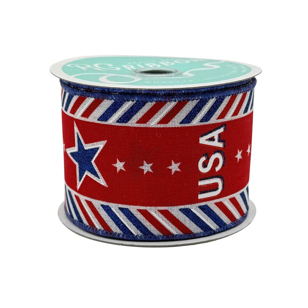 Red White and Blue USA on Diagonal Stripes Wired Ribbon, Fourth of July Wreath Supply, Patriotic Royal Ribbon 2.5” by 10 yards, RGE163127