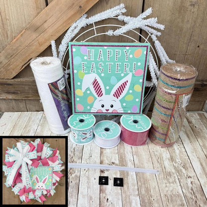 Large Easter Wreath Kit, Pink Pickup Truck Easter’s on It’s Way Wreath Kit, Do It Yourself Wreath Kit, Easter Pink & White Ribbon Mesh Sign