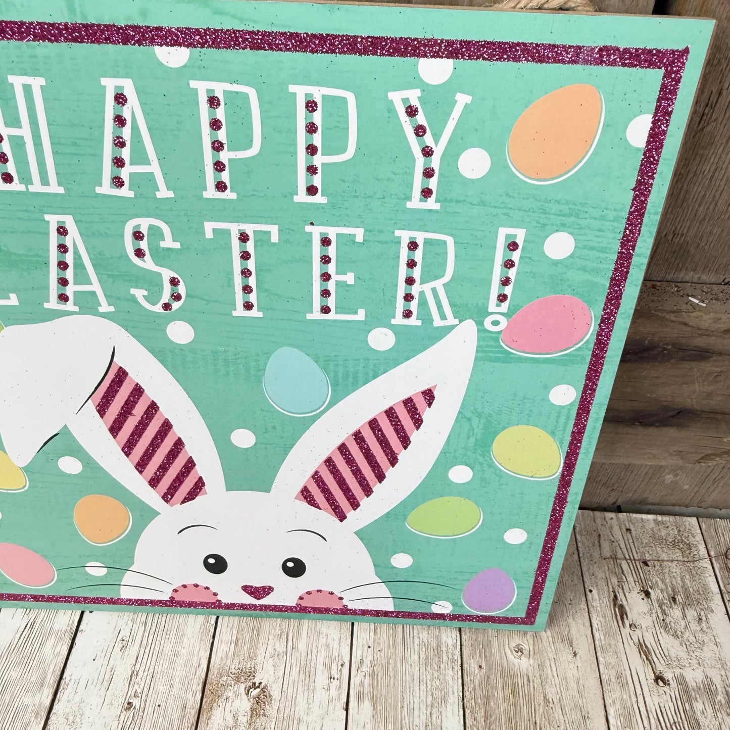 Happy Easter Sign, Pastel Bunny and Easter Eggs Wreath Sign, Mint Green Rabbit Door Hanger, Easter Bunny with Pink Glitter Ears Wall Decor