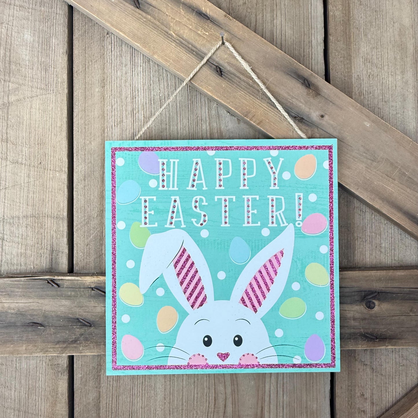 Happy Easter Sign, Pastel Bunny and Easter Eggs Wreath Sign, Mint Green Rabbit Door Hanger, Easter Bunny with Pink Glitter Ears Wall Decor