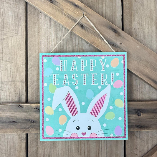 Happy Easter Sign, Pastel Bunny and Easter Eggs Wreath Sign, Mint Green Rabbit Door Hanger, Easter Bunny with Pink Glitter Ears Wall Decor