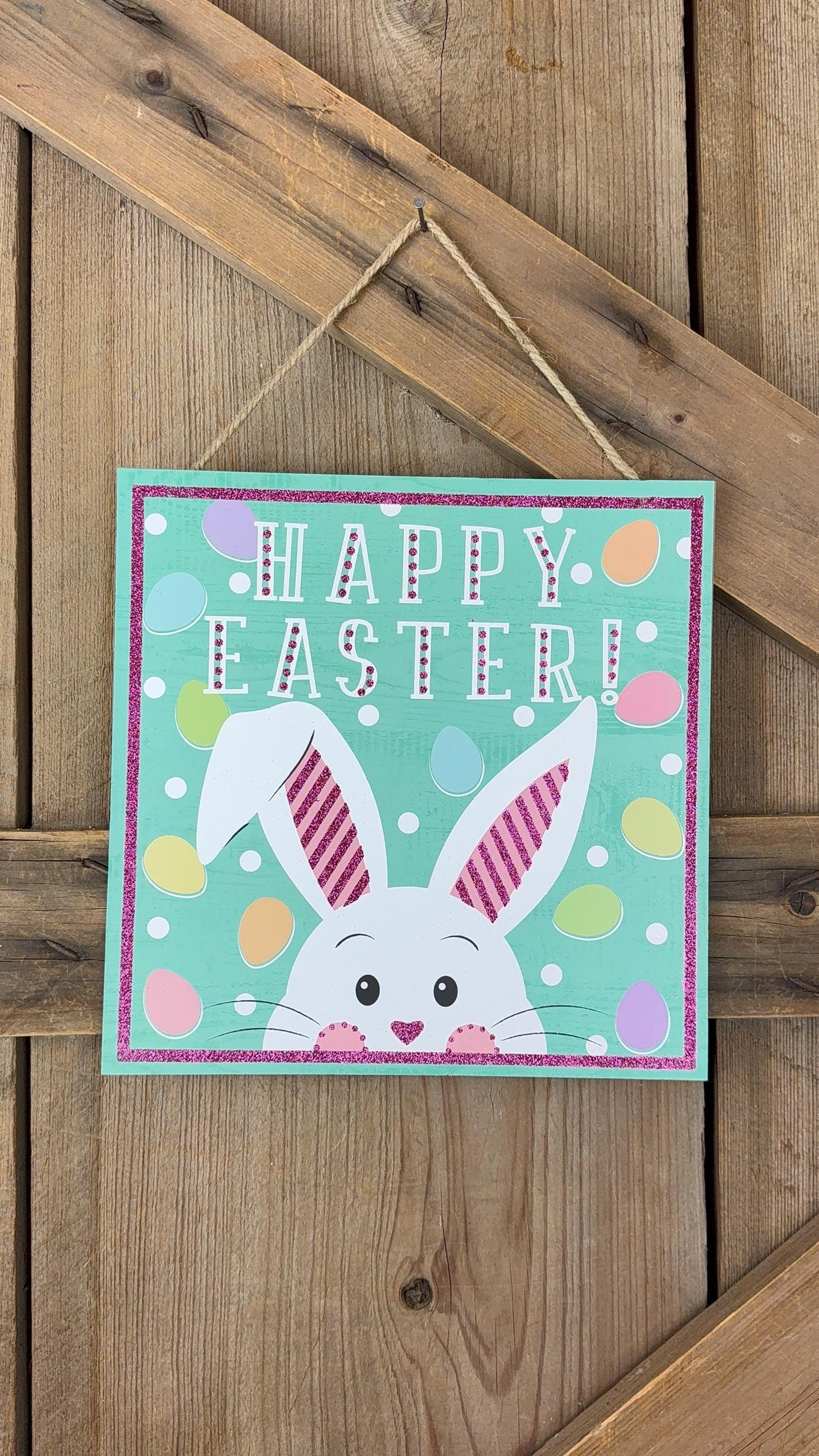 Happy Easter Sign, Pastel Bunny and Easter Eggs Wreath Sign, Mint Green Rabbit Door Hanger, Easter Bunny with Pink Glitter Ears Wall Decor