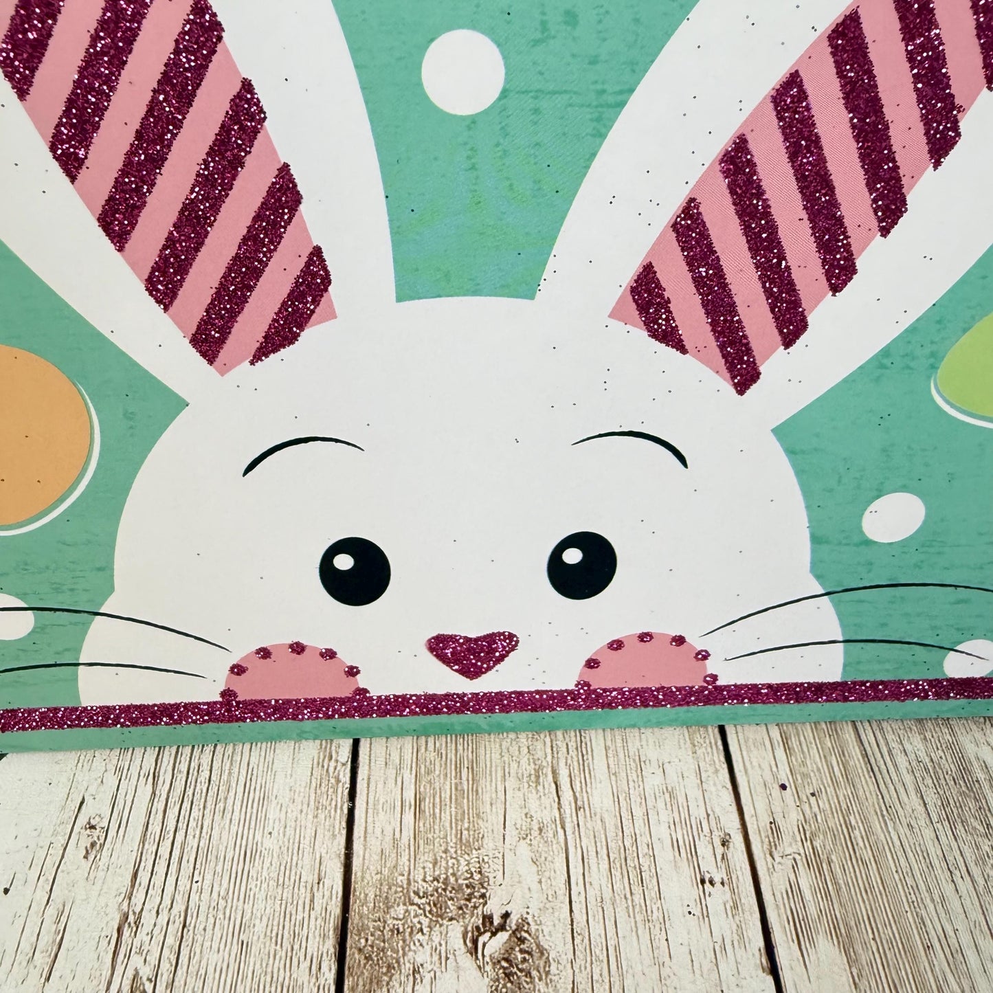 Happy Easter Sign, Pastel Bunny and Easter Eggs Wreath Sign, Mint Green Rabbit Door Hanger, Easter Bunny with Pink Glitter Ears Wall Decor