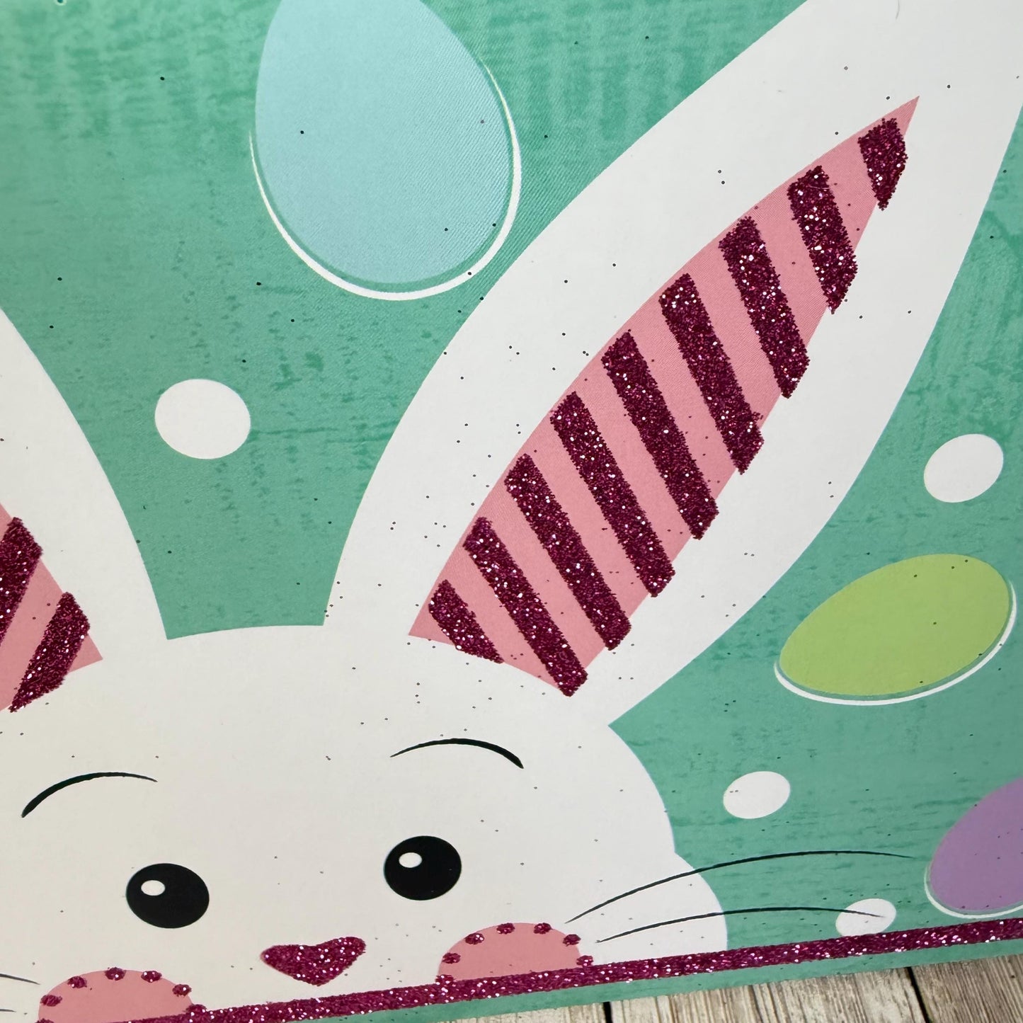 Happy Easter Sign, Pastel Bunny and Easter Eggs Wreath Sign, Mint Green Rabbit Door Hanger, Easter Bunny with Pink Glitter Ears Wall Decor