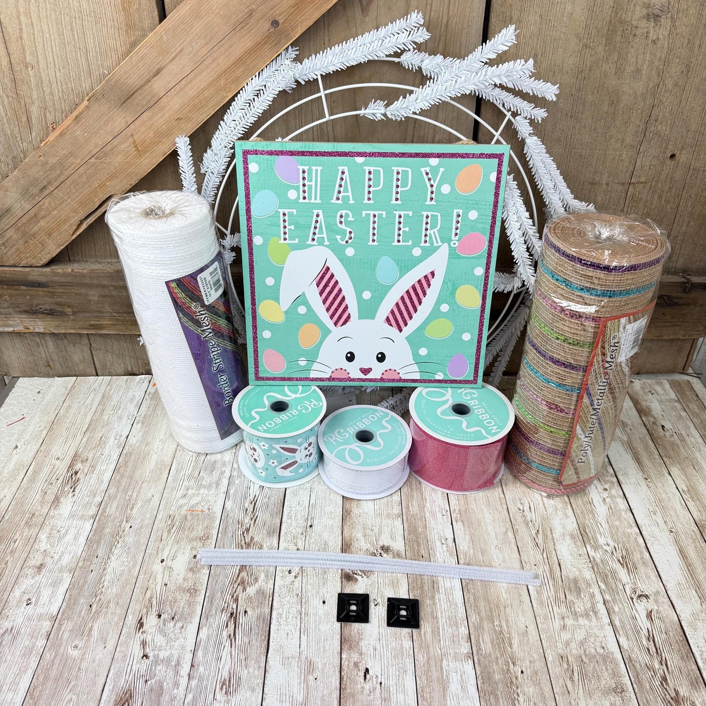 Large Easter Wreath Kit, Pink Pickup Truck Easter’s on It’s Way Wreath Kit, Do It Yourself Wreath Kit, Easter Pink & White Ribbon Mesh Sign
