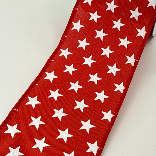 Red with White Stars Wired Ribbon, Fourth of July Wreath Supply, Independence Day Bowmaking, Patriotic Ribbon 2.5” by 10 yards, RGE111524
