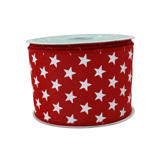 Red with White Stars Wired Ribbon, Fourth of July Wreath Supply, Independence Day Bowmaking, Patriotic Ribbon 2.5” by 10 yards, RGE111524