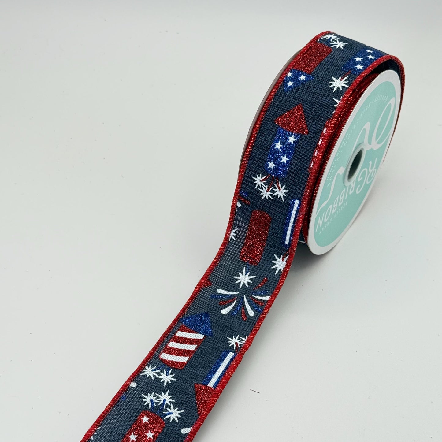Navy Blue Rockets Wired Ribbon, Fourth of July Wreath Supply, Independence Day Bowmaking, Patriotic Ribbon 1.5” by 10 yards, RGE119919