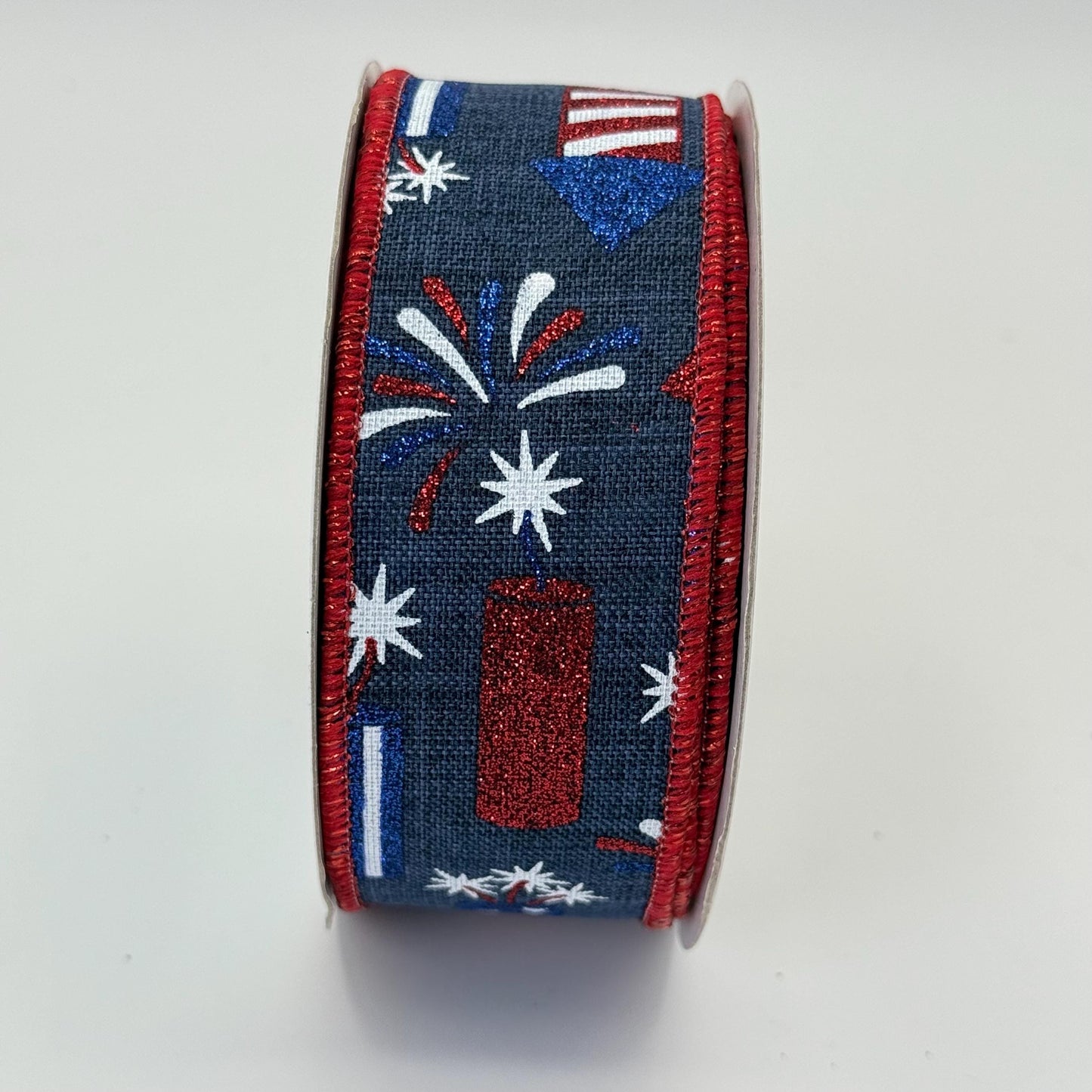 Navy Blue Rockets Wired Ribbon, Fourth of July Wreath Supply, Independence Day Bowmaking, Patriotic Ribbon 1.5” by 10 yards, RGE119919