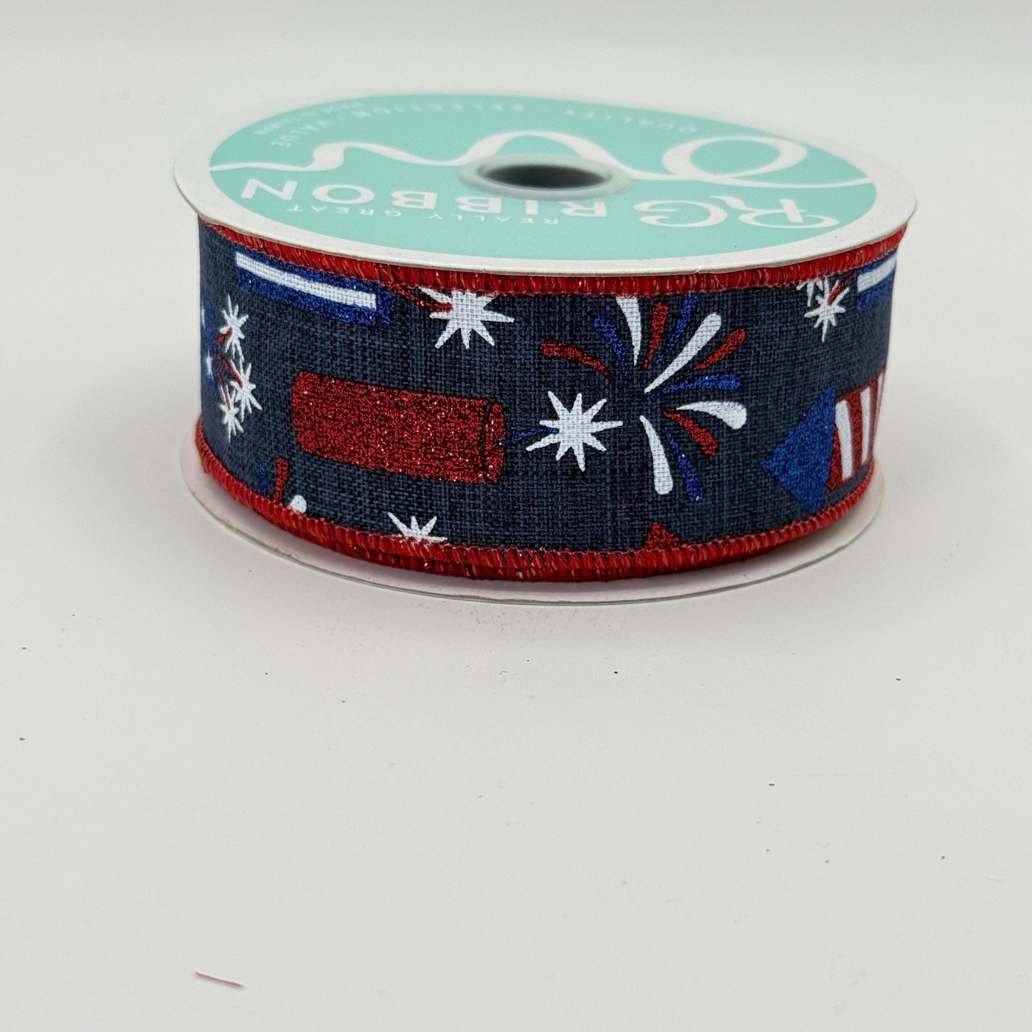 Navy Blue Rockets Wired Ribbon, Fourth of July Wreath Supply, Independence Day Bowmaking, Patriotic Ribbon 1.5” by 10 yards, RGE119919