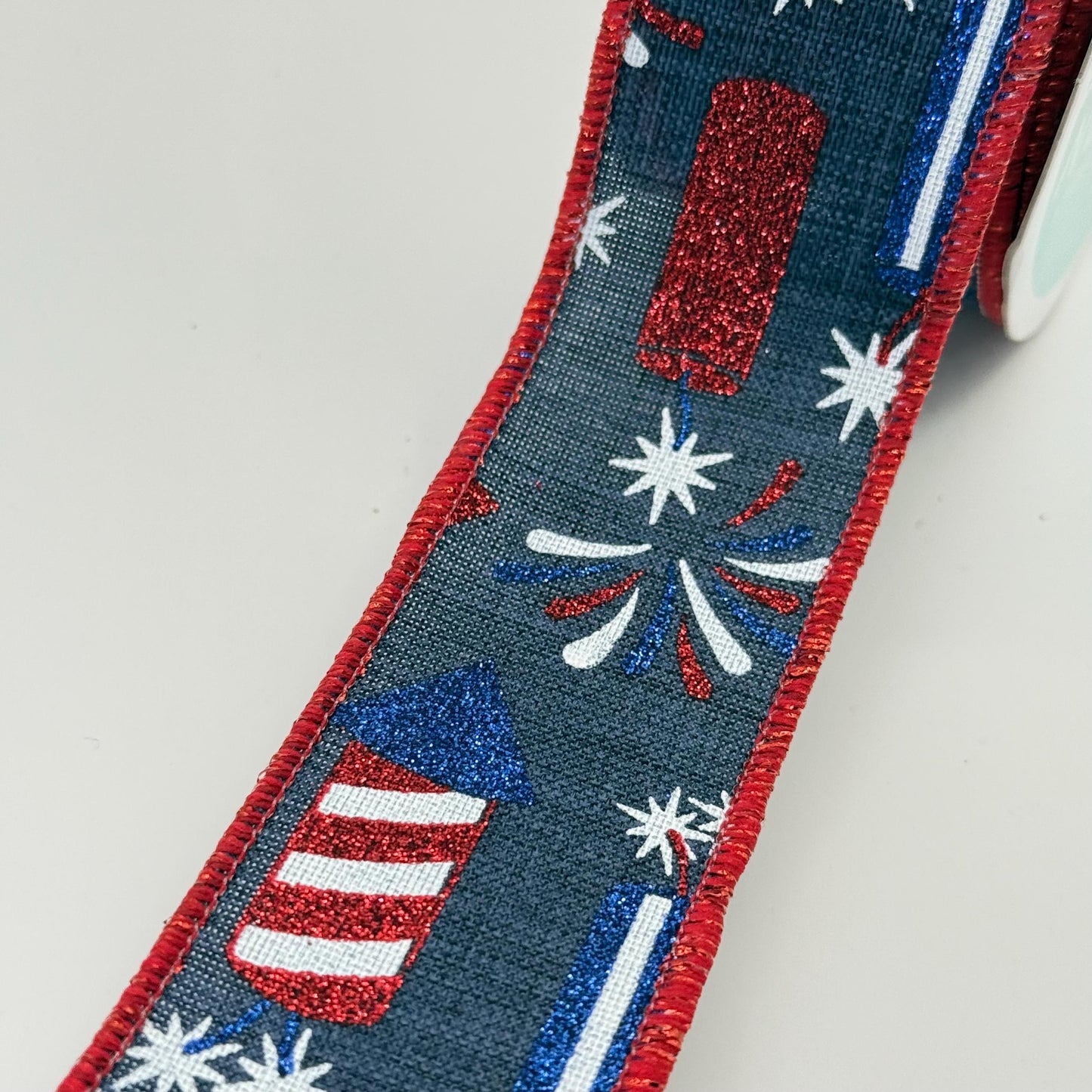 Navy Blue Rockets Wired Ribbon, Fourth of July Wreath Supply, Independence Day Bowmaking, Patriotic Ribbon 1.5” by 10 yards, RGE119919