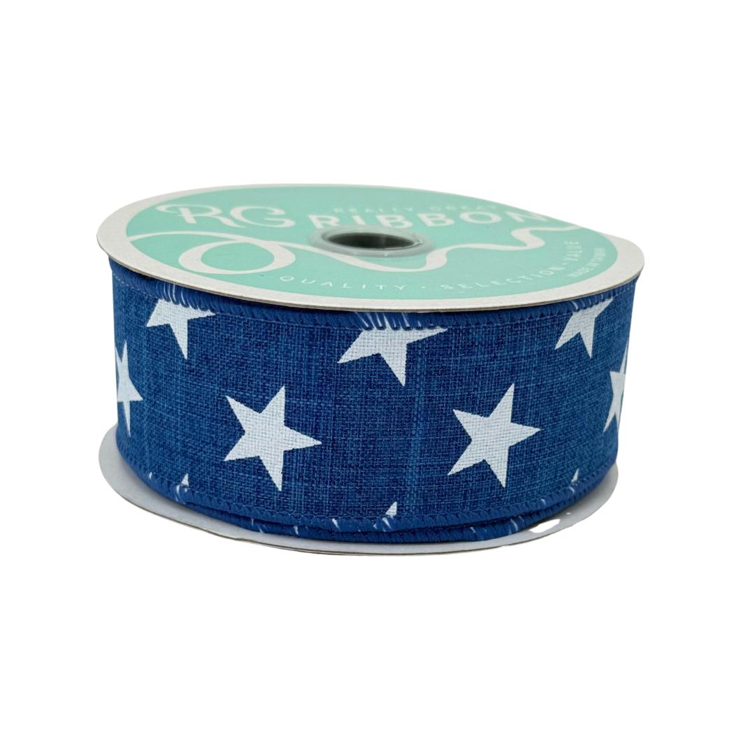 Blue with White Stars Wired Ribbon, Fourth of July Wreath Supply, Independence Day Bowmaking, Patriotic Ribbon 1.5” by 10 yards, RGE111525