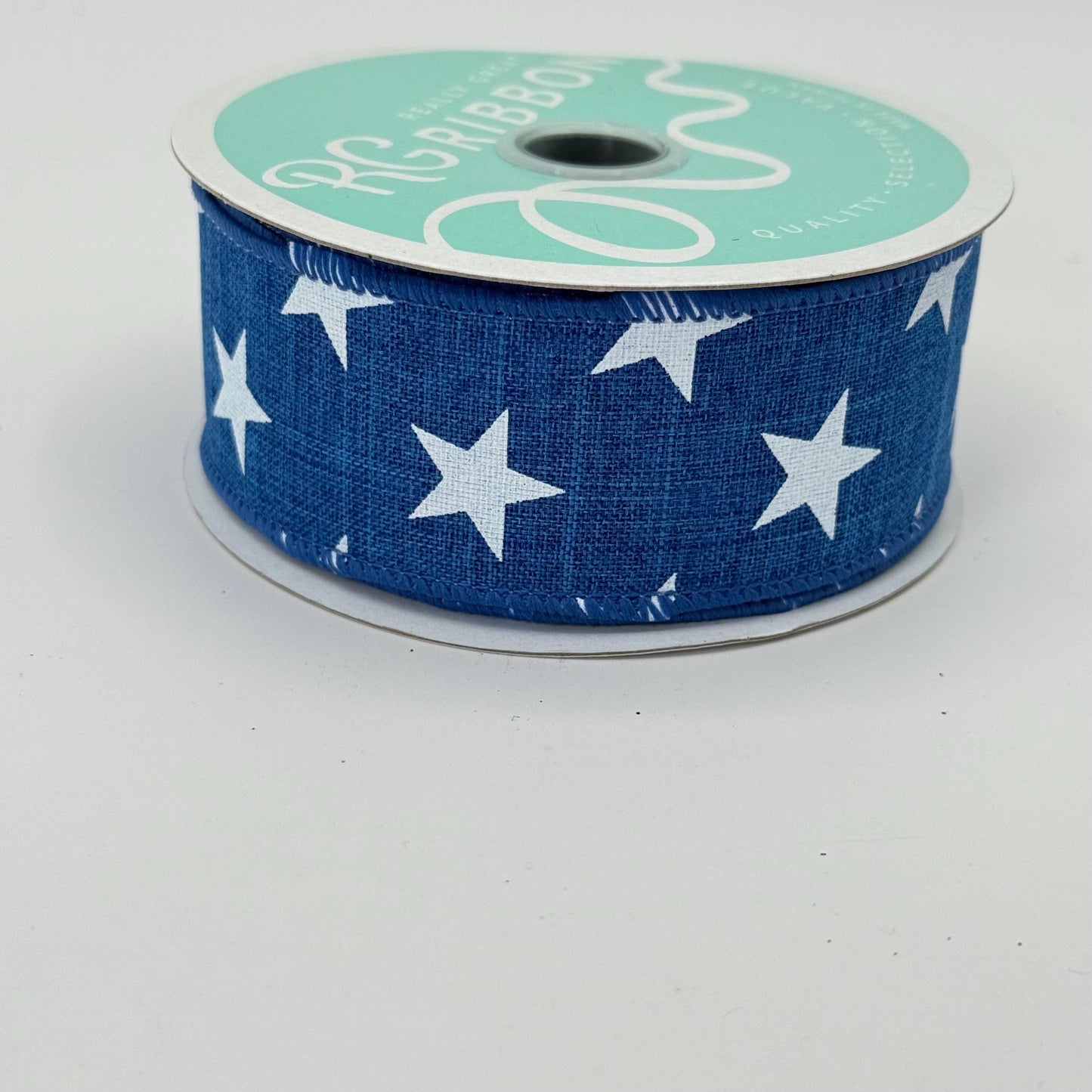 Blue with White Stars Wired Ribbon, Fourth of July Wreath Supply, Independence Day Bowmaking, Patriotic Ribbon 1.5” by 10 yards, RGE111525