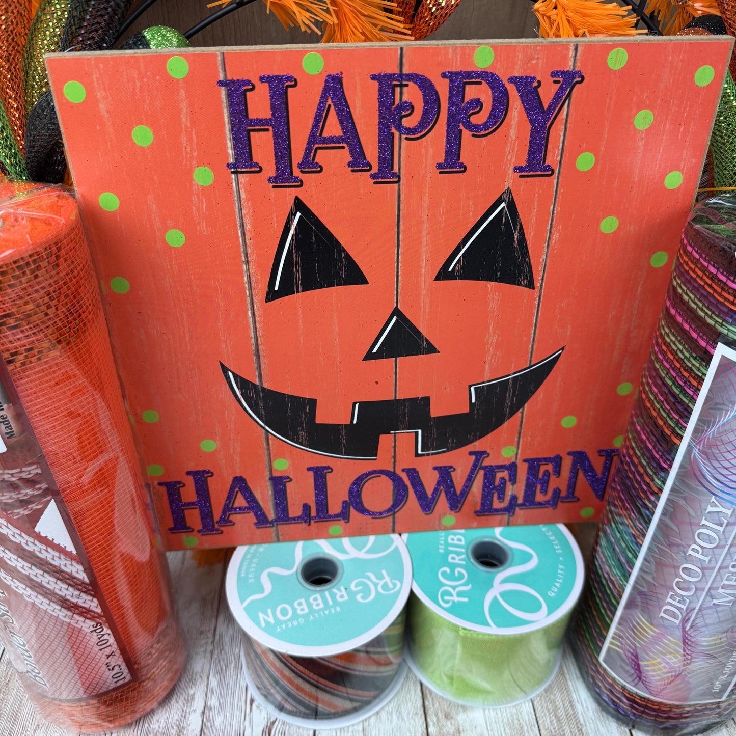 Large Happy Halloween Wreath Kit, Pumpkin Mesh Wreath Kit, DIY Halloween Front Door Decor, Orange Purple and Green Ribbon Mesh Sign Bundle