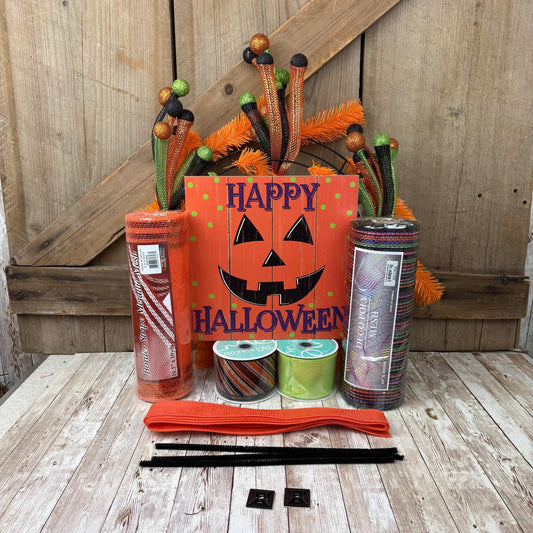 Large Happy Halloween Wreath Kit, Pumpkin Mesh Wreath Kit, DIY Halloween Front Door Decor, Orange Purple and Green Ribbon Mesh Sign Bundle