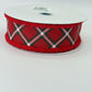 Red Diagonal Dash Check Wired Ribbon, Fourth of July Wreath Supply, Patriotic Ribbon with Red Drift Edge 1.5” by 10 yards, RGA885524