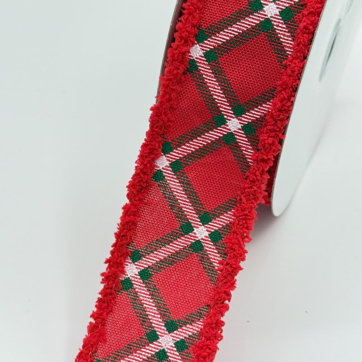 Red Diagonal Dash Check Wired Ribbon, Fourth of July Wreath Supply, Patriotic Ribbon with Red Drift Edge 1.5” by 10 yards, RGA885524