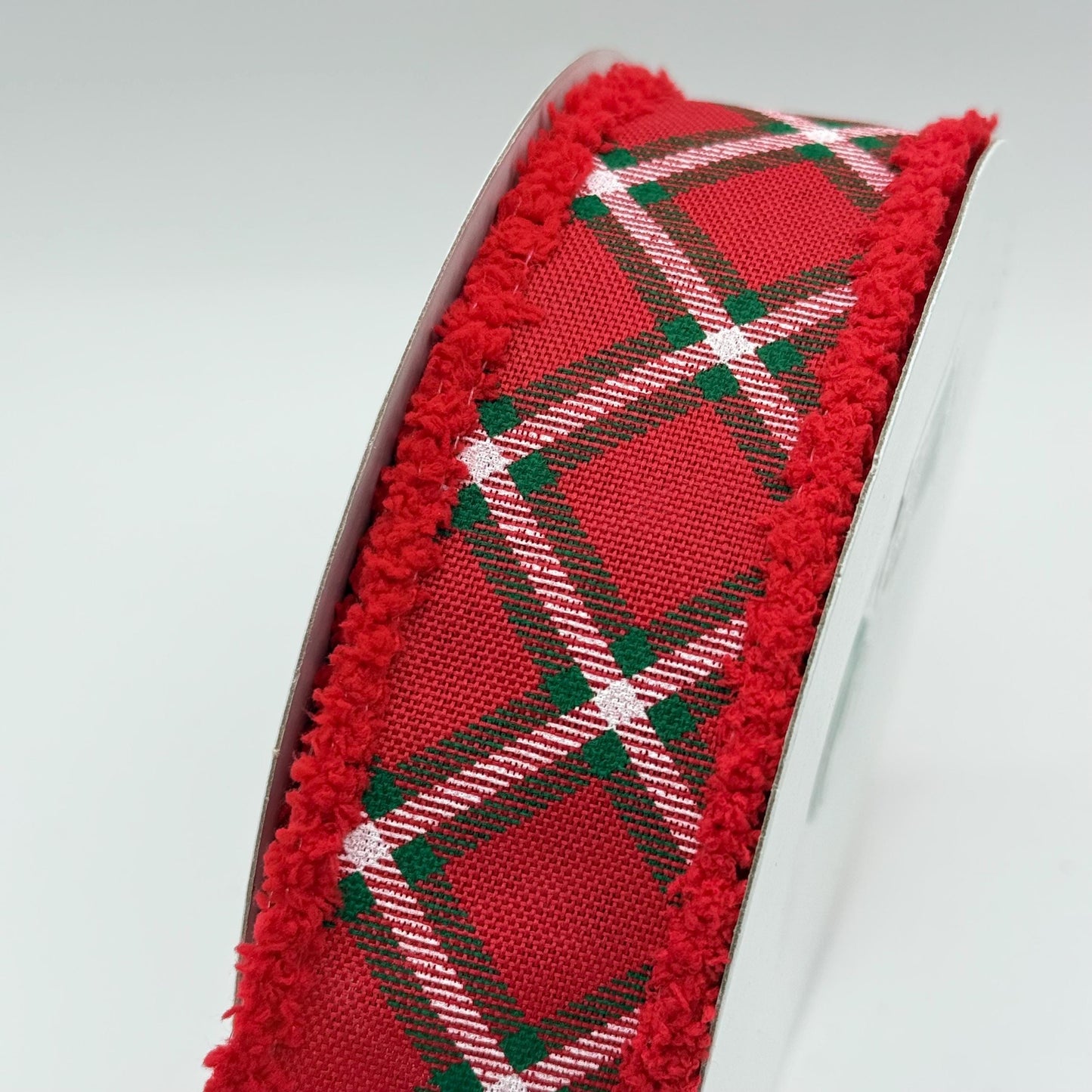 Red Diagonal Dash Check Wired Ribbon, Fourth of July Wreath Supply, Patriotic Ribbon with Red Drift Edge 1.5” by 10 yards, RGA885524