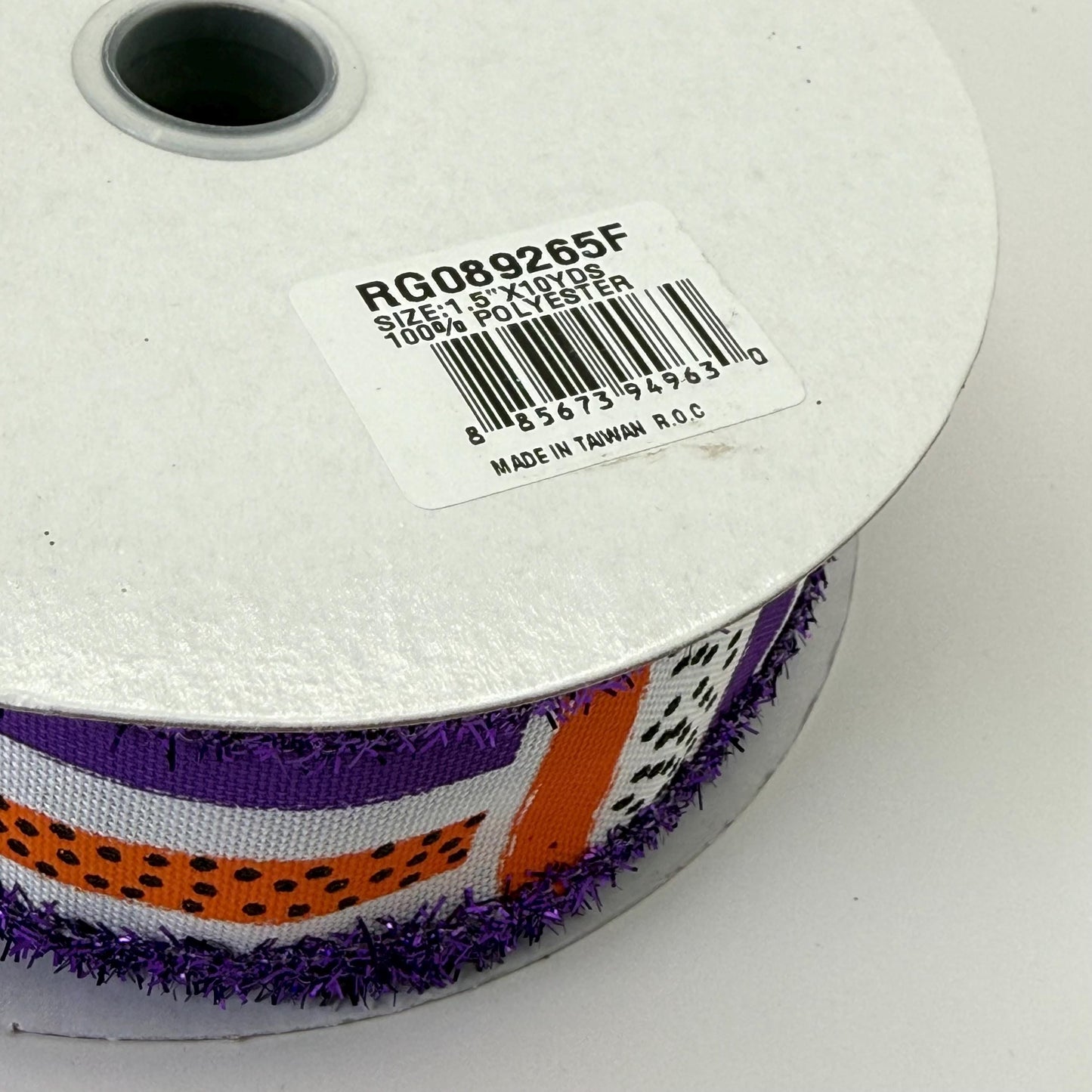 Halloween Brush Stroke Wired Ribbon, Orange Purple Stripe Wreath Supply, White Ribbon with Purple Tinsel Edge 1.5” by 10 yards, RG089265F