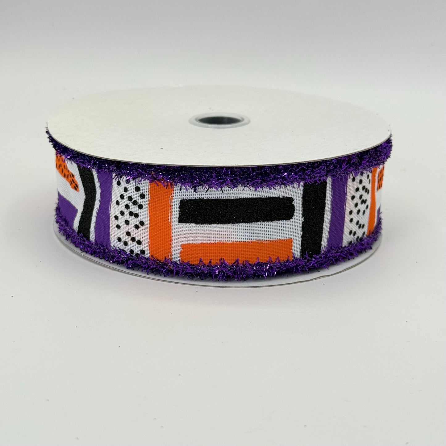 Halloween Brush Stroke Wired Ribbon, Orange Purple Stripe Wreath Supply, White Ribbon with Purple Tinsel Edge 1.5” by 10 yards, RG089265F