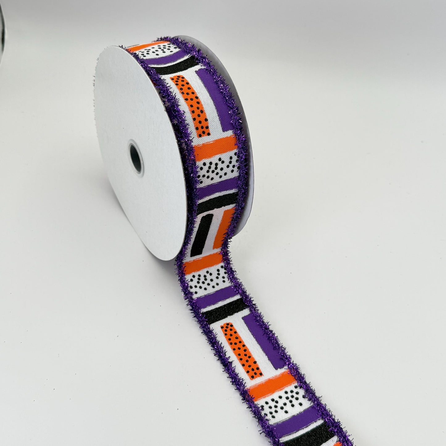 Halloween Brush Stroke Wired Ribbon, Orange Purple Stripe Wreath Supply, White Ribbon with Purple Tinsel Edge 1.5” by 10 yards, RG089265F