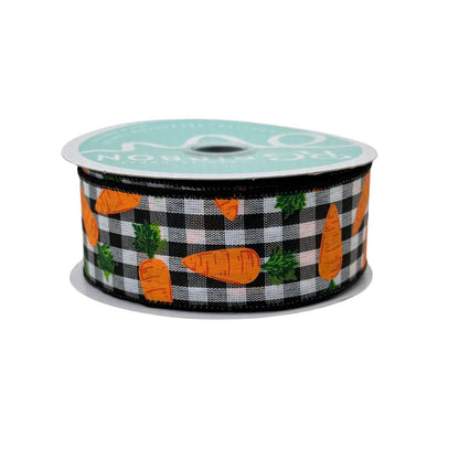 Carrot Wired Ribbon: 1.5" x 10yd, Easter Wreath Supply, Black and White Checkered Easter Ribbon with Orange Carrots, Easter Bow Ribbon