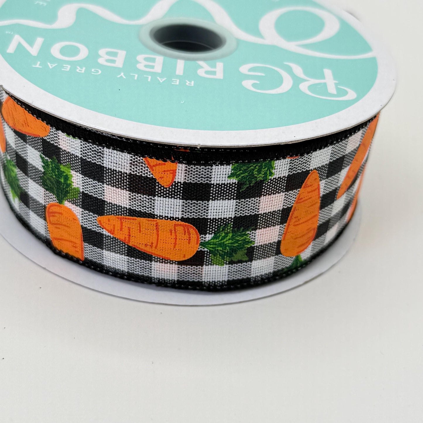 Carrot Wired Ribbon: 1.5" x 10yd, Easter Wreath Supply, Black and White Checkered Easter Ribbon with Orange Carrots, Easter Bow Ribbon