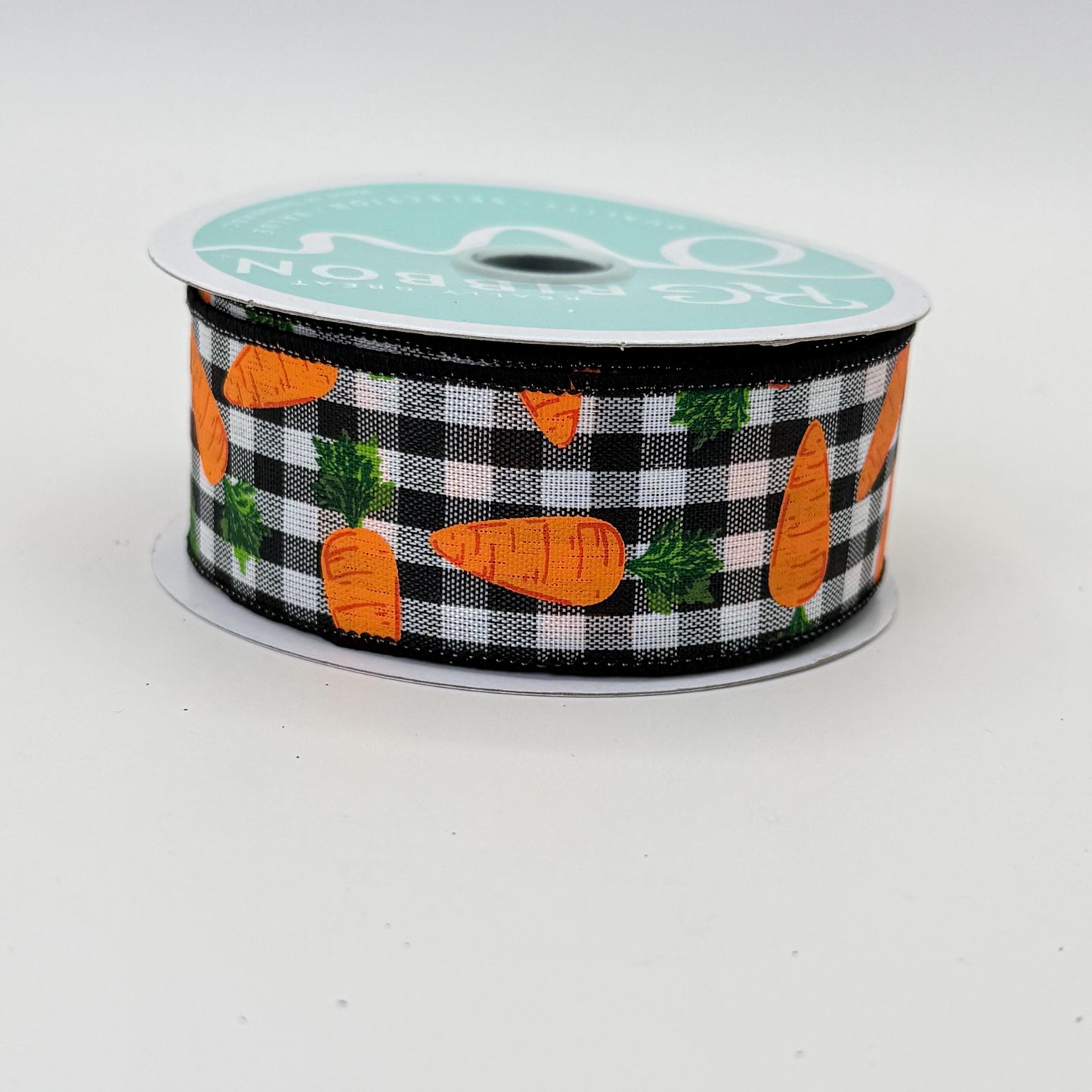 Carrot Wired Ribbon: 1.5" x 10yd, Easter Wreath Supply, Black and White Checkered Easter Ribbon with Orange Carrots, Easter Bow Ribbon