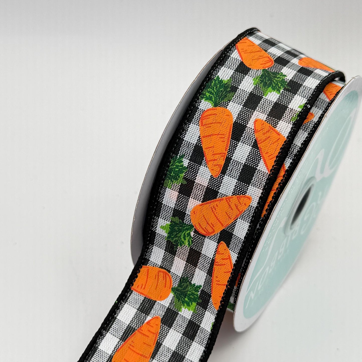 Carrot Wired Ribbon: 1.5" x 10yd, Easter Wreath Supply, Black and White Checkered Easter Ribbon with Orange Carrots, Easter Bow Ribbon