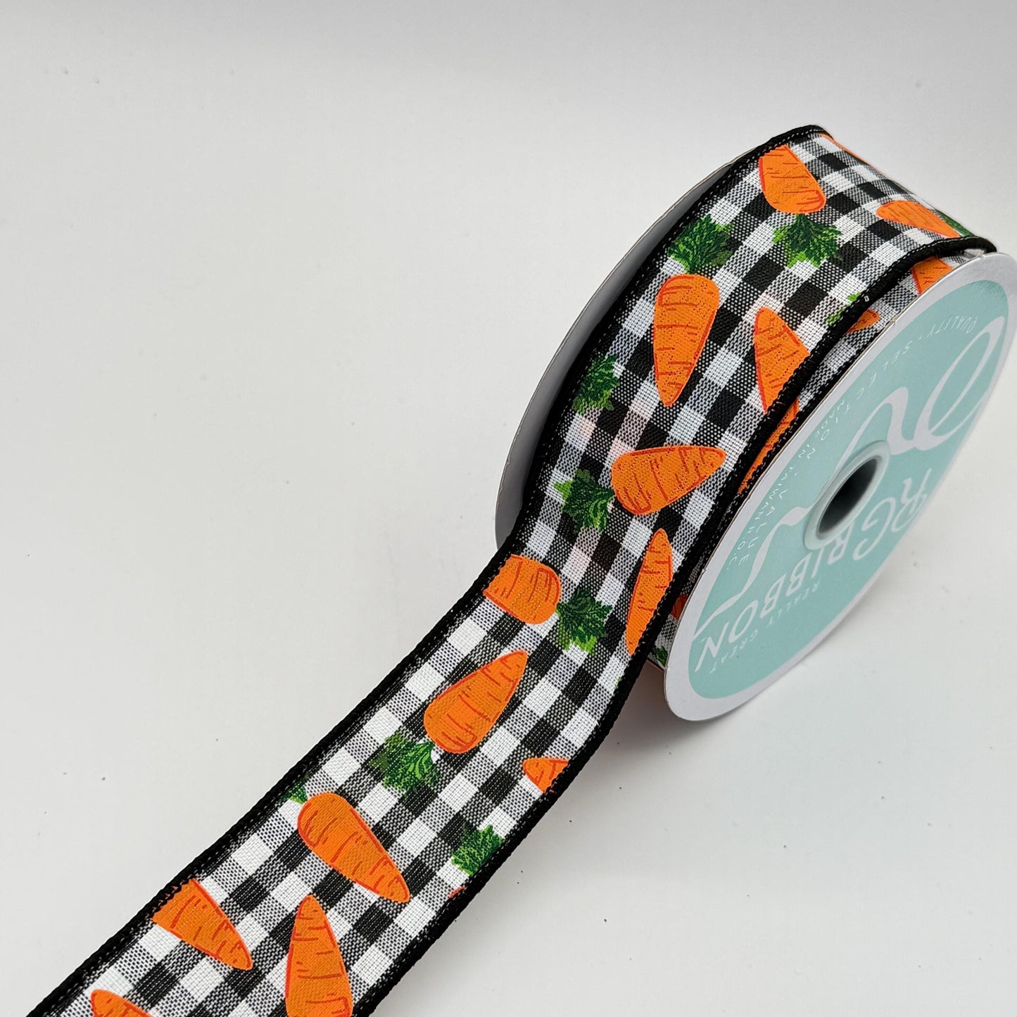 Carrot Wired Ribbon: 1.5" x 10yd, Easter Wreath Supply, Black and White Checkered Easter Ribbon with Orange Carrots, Easter Bow Ribbon