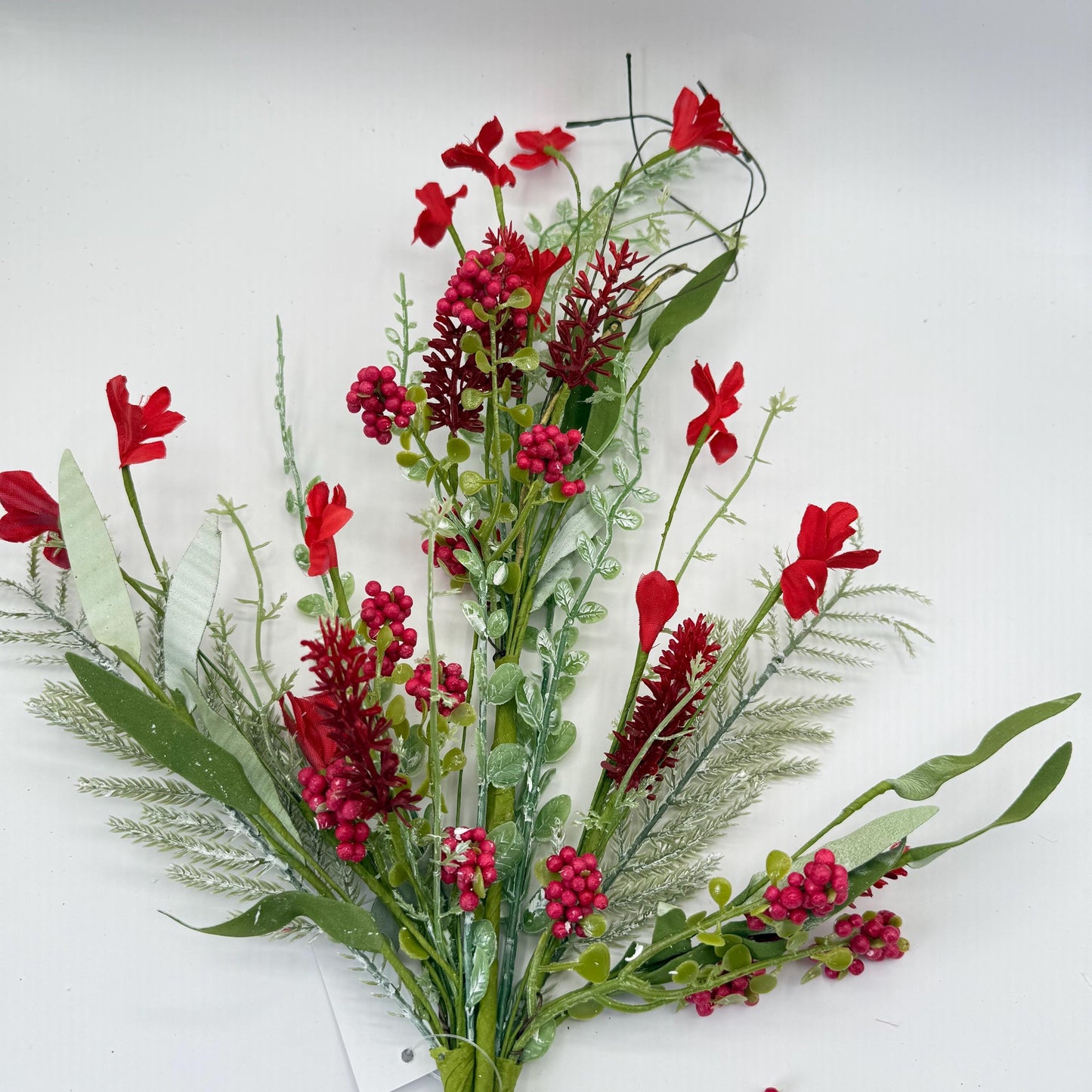 24"L Fabric Flower/EVA Leaf/Beads Spray: Red, Patriotic Greenery Stem, Christmas or Valentines Day Greenery Filler Bush, 60919, FH807124