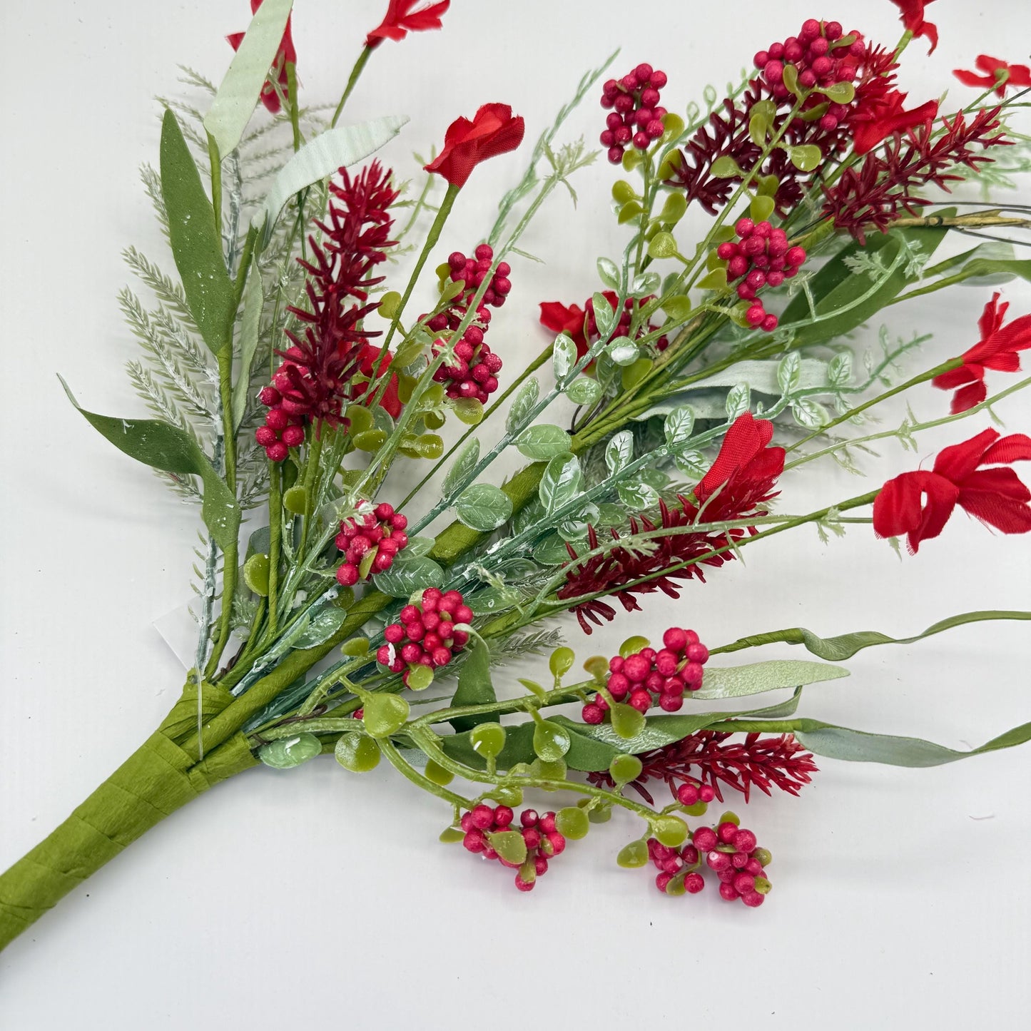24"L Fabric Flower/EVA Leaf/Beads Spray: Red, Patriotic Greenery Stem, Christmas or Valentines Day Greenery Filler Bush, 60919, FH807124