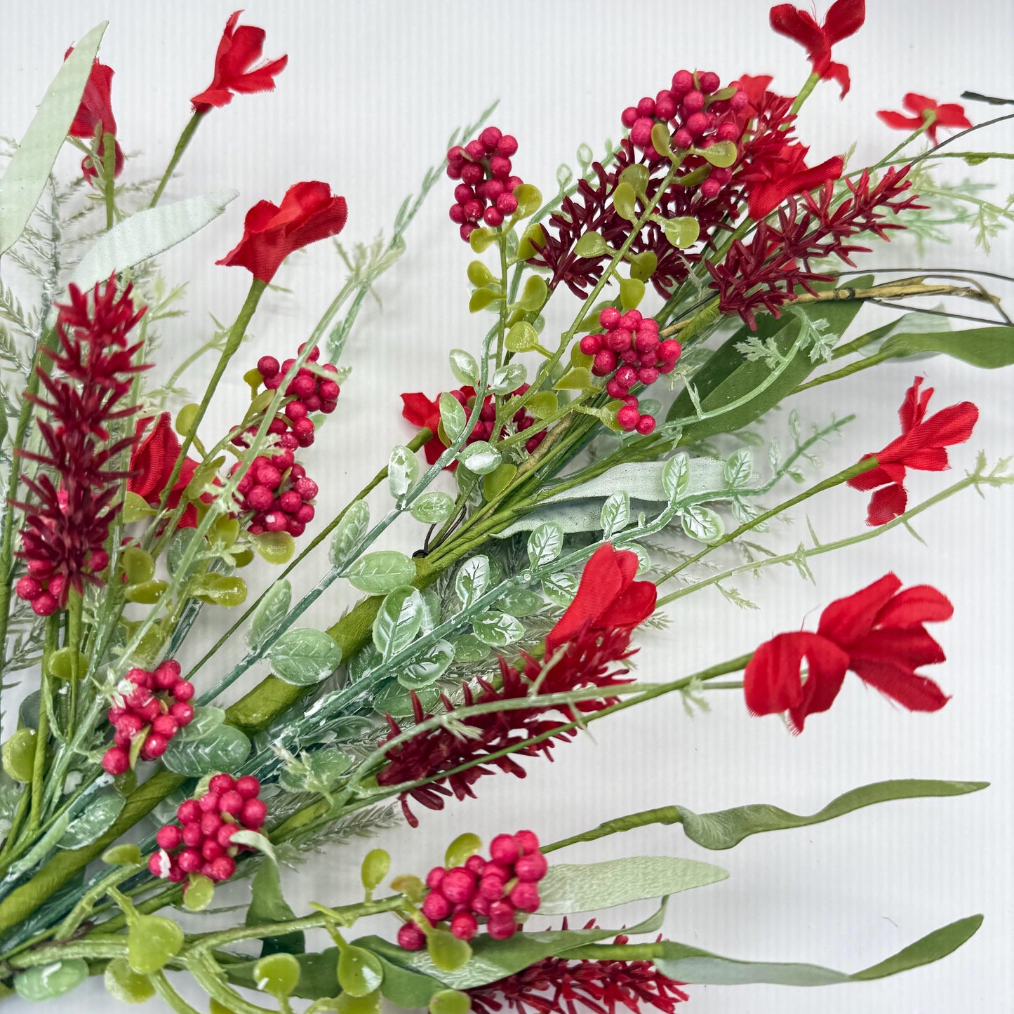 24"L Fabric Flower/EVA Leaf/Beads Spray: Red, Patriotic Greenery Stem, Christmas or Valentines Day Greenery Filler Bush, 60919, FH807124