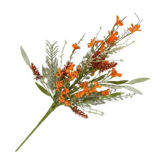 24"L Fabric Flower/EVA Leaf/Beads Spray: Orange, Easter Greenery Stem, Spring Summer Fall Greenery Filler Bush, 60919, FH807120