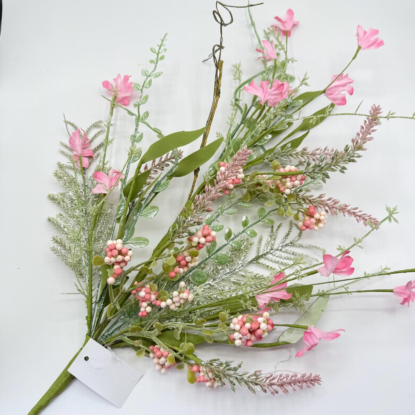 24"L Fabric Flower/EVA Leaf/Beads Spray: Pink, Pink Greenery Stem, Greenery Filler Bush with Leaves Buds and Pink Berries, 60919, FH807115