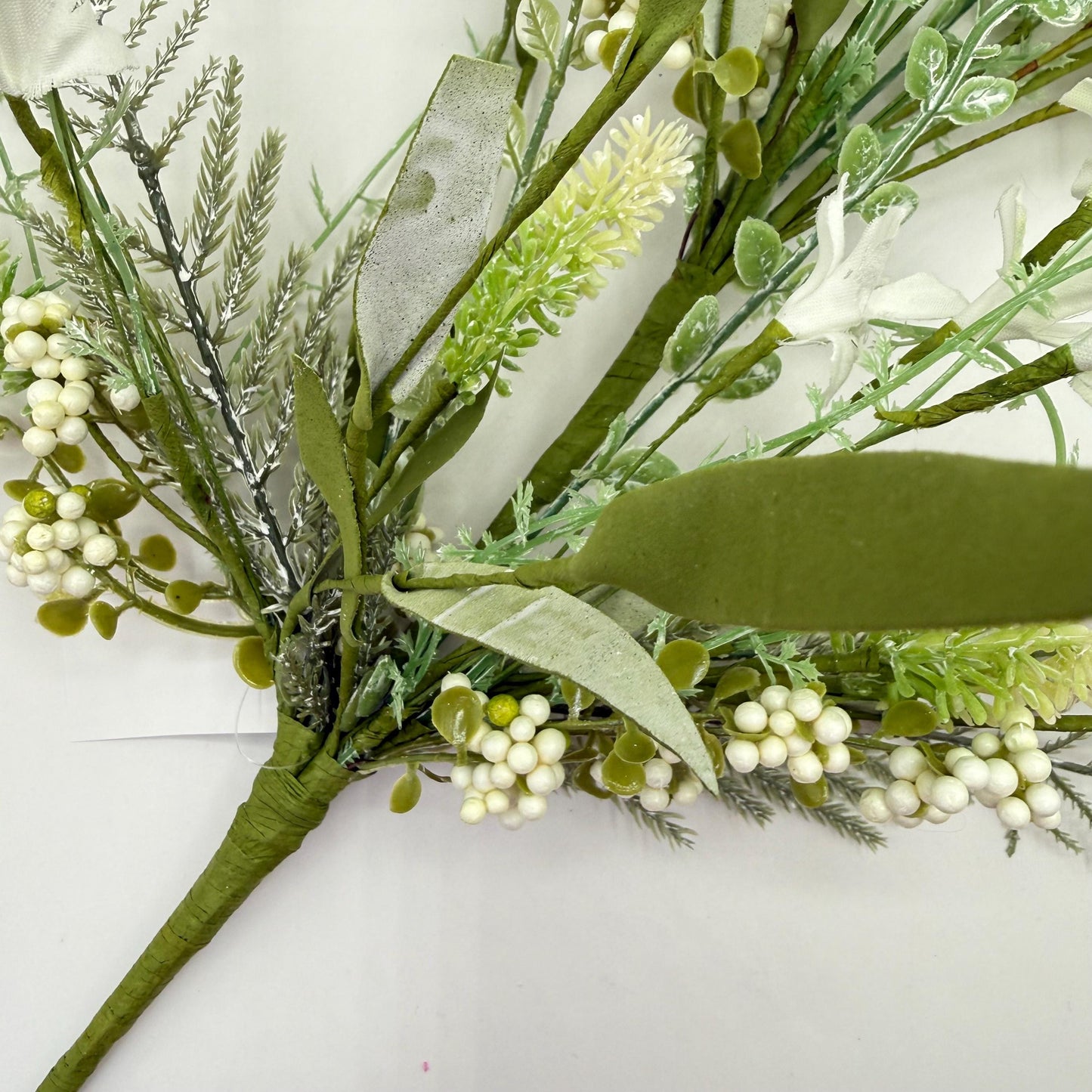 24"L Fabric Flower/EVA Leaf/Beads Spray: White, White Greenery Stem, Greenery Filler Bush with Leaves Buds  White Berries, 60919, FH807127